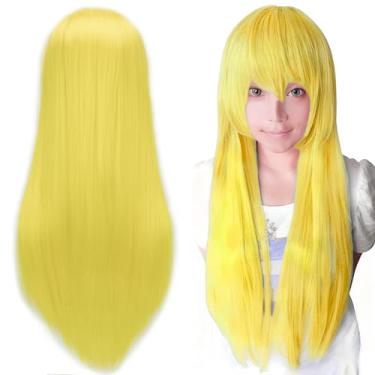 Imagem de IMISSU Perucas de cosplay de cabelo natural longo e reto com franja colorida fantasia de Halloween peruca de festa para menina (Amarelo fluorescente)