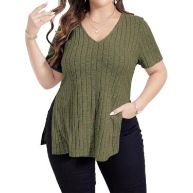Imagem de Camisetas Femininas Com Nervuras Com Decote Em V Bainha Dividida Blusas De Manga Curta Leves De Malha Sólida Camiseta Básica Com Bainha Dividida, Green, 4XL