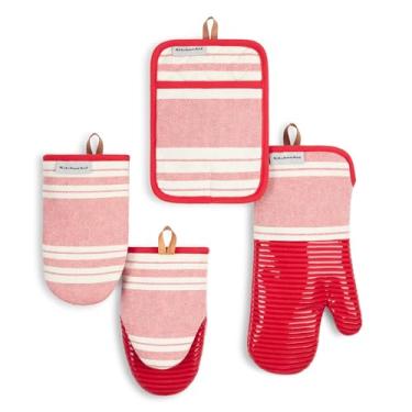 Imagem de KITCHENAID Luva de forno listrada vintage, mini luva de forno e suporte de panela, pacote com 4, 100% algodão, resistente ao calor, vermelho paixão/marfim, 17,8 x 35,5 cm, 14 x 23 cm e 17,8 cm x 25,4