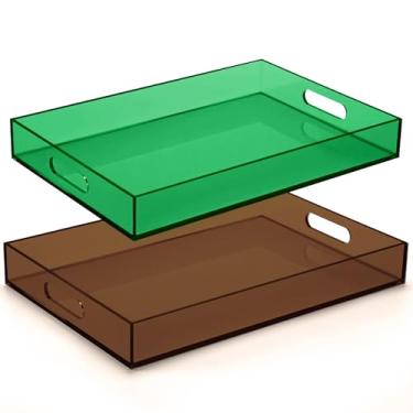 Imagem de Tiangrid Conjunto de 2 bandejas grandes de acrílico 40,6 x 30,5 cm, bandeja de mesa de centro otomana neon com alças, prato decorativo maximalista para comida, chá, jantar, lanche, bar, festa (cor