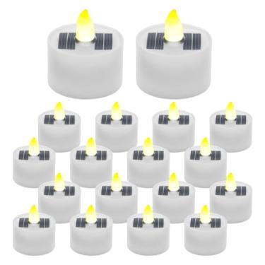 Imagem de Luzes solares de chá ao ar livre à prova d'água, 18 peças de 3,5 cm P x 3,6 cm reutilizáveis do crepúsculo ao amanhecer, pequenas velas de LED tealight, vela votiva sem chama para janela, candelabro