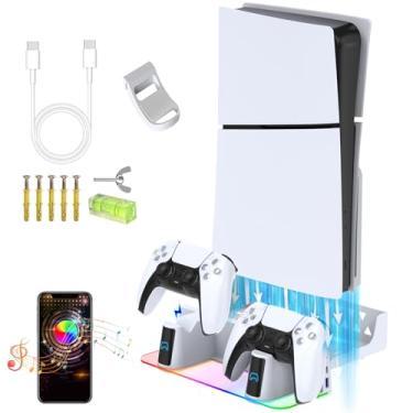Imagem de Kit de montagem de parede PS5/PS5 Slim/PS5 Pro com estação de carregamento, luz LED RGB para consoles PS5/PS5 Slim/Pro, disco e digital, carregadores rápidos de controle duplo, suporte de parede de