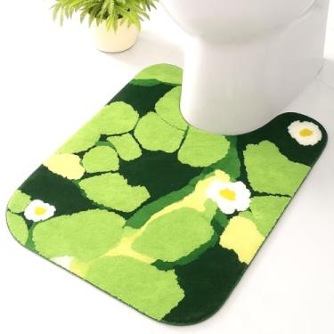 Imagem de Ovimyne Tapetes higiênicos laváveis em forma de U antiderrapante – Design de tapete de musgo, tapete de banheiro de caxemira sintética macia, decoração de banheiro verde floresta, tapete de banheiro
