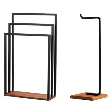 Imagem de Kit Toalheiro De Piso E Papeleira Lovell Metal Peroba Preto Base Em Madeira DHom