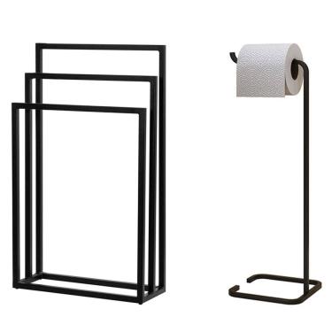 Imagem de Kit Toalheiro De Piso E Papeleira De Chão Lovell Preto Lavabo DHom