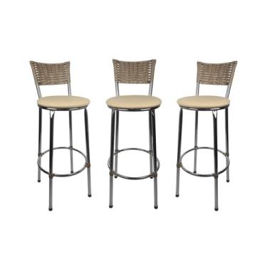 Imagem de KIT 3 Banquetas Alta Cromada Junco CAPPUCCINO Cozinha Balcão Bancada -