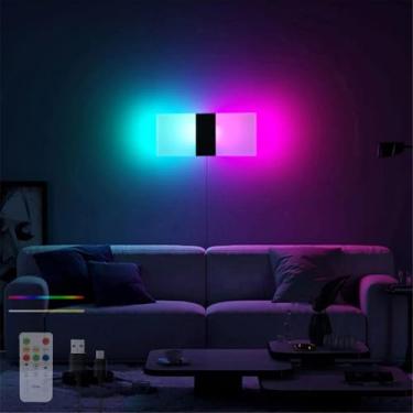 Imagem de Luminária de parede recarregável USB RGB com controle remoto, sem fio, alimentada por bateria, luminária de parede interna LED, luminária preta de cabeceira para quarto e corredor (pacote co