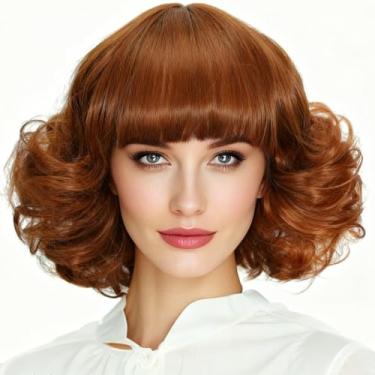 Imagem de Peruca Bob curta marrom claro com franja para mulheres perucas de cabelo natural encaracolado sintético para fantasia cosplay uso diário (nº 27 (loiro médio))
