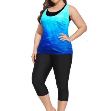 Imagem de Fatos de banho Yonique de 3 peças Plus Size Tankini Blue Gradient 16+