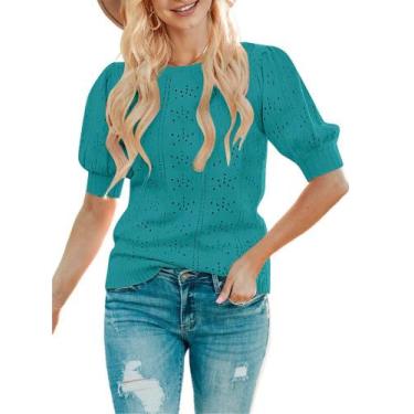 Imagem de Suéter feminino MEROKEETY 2025 Spring Puff de manga curta Lake Green