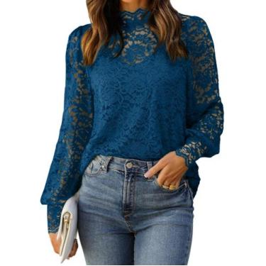 Imagem de Blusa HOTOUCH de renda de gola alta para mulheres azul empoeirado