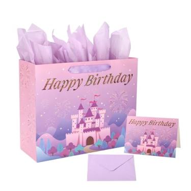 Imagem de Grande Saco de Presente de Feliz Aniversário, Saco Presente Castelo Princesa Roxo Rosa com Papéis Seda Cartão Felicitações e Envelope para Decoração Festa Aniversário Meninas