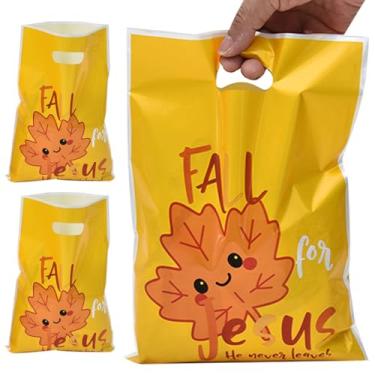 Imagem de 50 peças de sacos de presente de outono, sacos de guloseimas religiosas de celofane de Ação de Graças, sacos de guloseimas de folhas de bordo cristãs de outono sacos de doces de plástico com alças