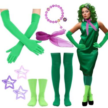 Imagem de Civaner 8 peças de fantasia verde de Halloween para mulheres, luvas de meias em verde com cachecol roxo, clipes de cabelo em forma de estrela, margarida, suporte de contas de cristal para fantasia de