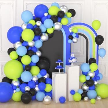 Imagem de Kit de arco de guirlanda de balão azul verde preto prateado - 122 peças de balões de festa de videogame verde limão balões pretos para decoração de festa de aniversário casamento formatura de Natal