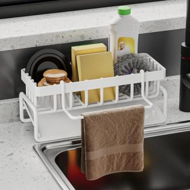 Imagem de Organizador de pia de cozinha de aço inoxidável, prateleira de armazenamento de bancada para esponjas, sabonete, escova, suporte de toalha
