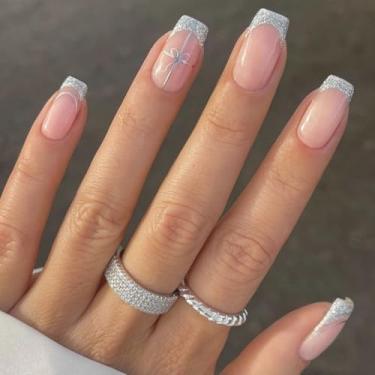 Imagem de Kit de unhas de pressão quadrado médio francês glitter cola falsa conjunto de unhas com design simples de glitter prata cobertura completa bastão falso artificial em unha de acrílico para mulheres