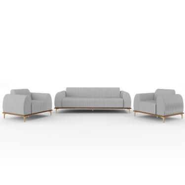 Imagem de Kit Sofá 3 Lugares 210cm Com 2 Poltronas Molino Pés D'ouro D02 Linho Cinza D-315 - Lyam Decor