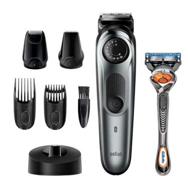 Imagem de Braun Aparador de detalhes de barba, cortadores de cabelo para homens, sem fio e recarregável, mini barbeador com lâmina Gillette ProGlide, prata, conjunto de 10 peças
