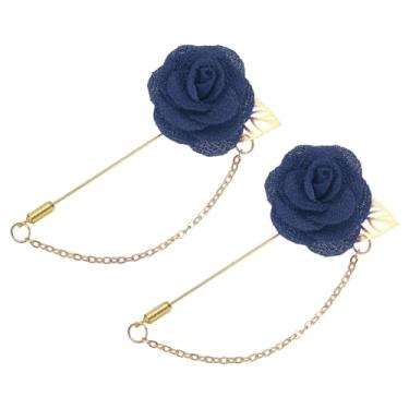 Imagem de Broche de lapela para homens, tamanho: 4 cm de liga de tecido rosa broche de flor terno bastão de lapela com folha de ouro e corte/borla broche de corrente para casamento de noivo 2 unidades azul, TBD