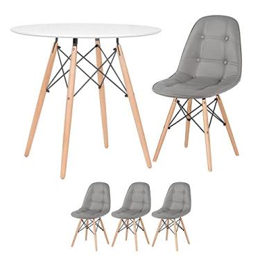 Imagem de Loft7, Kit Mesa redonda Eames 80 cm branco + 3 cadeiras estofadas Eiffel Botonê Cinza