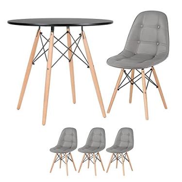Imagem de Loft7, Kit Mesa redonda Eames 80 cm preto + 3 cadeiras estofadas Eiffel Botonê Cinza