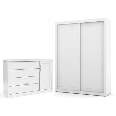 Imagem de Jogo De Quarto Infantil Com Guarda Roupa 2 Portas De Correr E Cômoda Tutto New Branco Soft - Matic Móveis Branco Soft