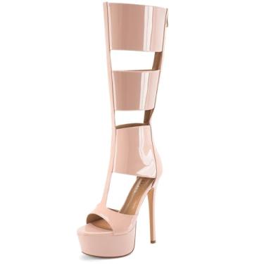 Imagem de Perisis Sandálias gladiadoras plataforma até o joelho para mulheres sexy aberto peep toe salto alto stiletto moda verão vestido festa dança botas com zíper, Patente rosa bebê, 41