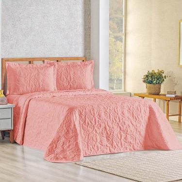 Imagem de Kit Cobre Leito Colcha Celeste Queen 3 Peças Matelado Floral 180 Fios - Salmão