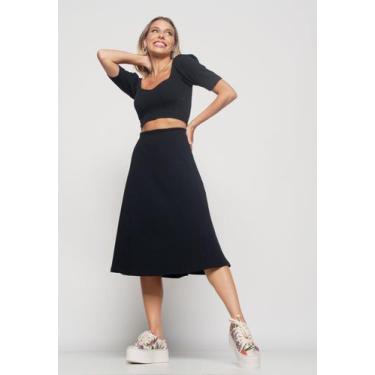 Imagem de Saia Midi Godê Canelada Preta Salvatore Fashion, Preto, P