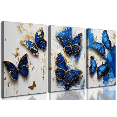 Imagem de 3 peças de arte de parede em tela de borboleta dourada azul moderna abstrata minimalista pinturas de borboletas imagens decoração de parede impressão de pôster arte para sala de estar quarto decoração
