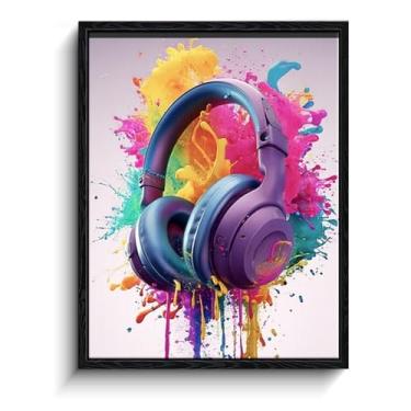 Imagem de Arte de parede de fones de ouvido, explosão de tinta respingos, decoração de parede pop art, impressão em tela emoldurada com acabamento fosco, arte de pôster de música, para presente de quarto de