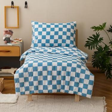 Imagem de Wellboo Jogo de cama infantil xadrez azul e branco para meninas, meninos, azul celeste e branco, quadriculado, 4 peças, incluindo edredom, lençóis e fronhas, edredom geométrico quadriculado