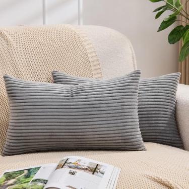 Imagem de Yosodeko Capas de almofada lombar cinza escuro 30 x 61 cm, pacote com 2, capas de almofada de veludo cotelê macio com textura listrada sólida, decoração de casa moderna minimalista para sofá, sofá e