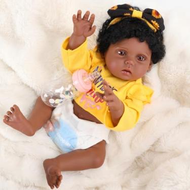 Imagem de Bebê Reborn Boneca Menina Preto Corpo de Silicone Realista 48cm Olhos Castanhos Cabelo Encaracolado