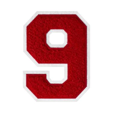 Imagem de Patch de chenille vermelho número 9 de chenille vermelho com borda branca para passar a ferro ou costurar para jaquetas Letterman uniformes de equipe, mochilas duráveis e resistentes ao desbotamento