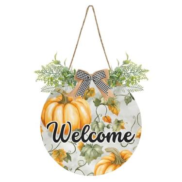 Imagem de SEHANY Guirlandas de outono para decoração de porta da frente, letreiro de boas-vindas de abóboras de madeira rústica para pendurar no dia de Ação de Graças para decoração de festas ao ar livre