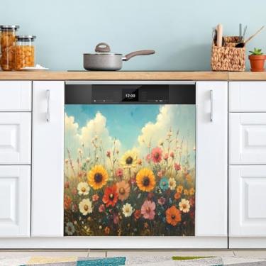 Imagem de ATTX Flores silvestres pintura a óleo capa ímã máquina de lavar louça, 58.4 cm C x 66.0 cm A decoração frontal da capa da máquina de lavar louça, decalques de armário doméstico eletrodomésticos