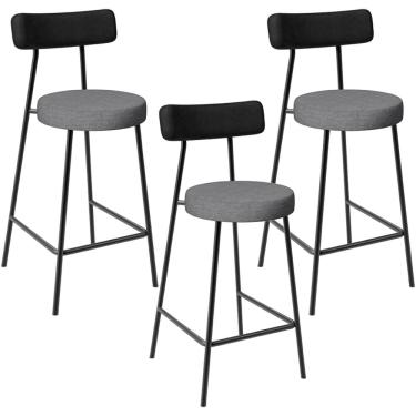 Imagem de Kit 03 Banquetas Baixa Cozinha Jantar Milão L02 Couríssimo Preto Linho Cinza Escuro - Lyam Decor