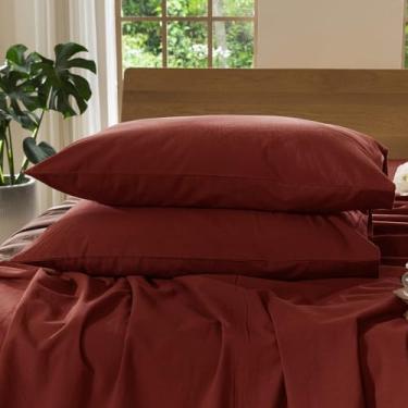 Imagem de MooMee Pacote de 2 fronhas de cama 100% algodão lavado, texturizado, respirável, durável, macio e confortável (vermelho tijolo sólido queimado, King)