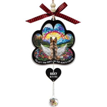 Imagem de Cão pastor alemão Memorial Suncatcher com cristal pendurado - 2 camadas de madeira e acrílico em forma de pata arco-íris ponte anjo cão com caneta para adicionar o nome do animal de estimação