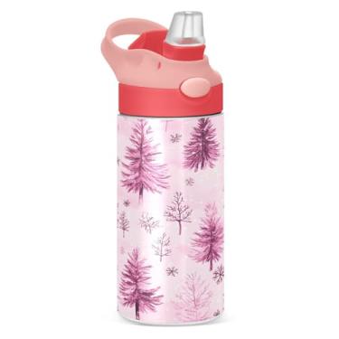 Imagem de YETTASBIN Garrafa de água de árvore de Natal para crianças, 340 g, à prova de vazamento, parede dupla, isolada, garrafa de água de aço inoxidável, copo de viagem com tampa de canudo para meninas
