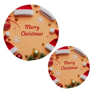 Imagem de Wassud Conjunto de trivet de chapéus de Papai Noel de Natal para pratos quentes, suportes redondos de algodão, almofadas quentes, porta-copos elegantes, decoração de cozinha e acessórios, 2 peças