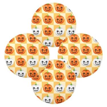Imagem de Wassud Jogo americano conjunto de 4 tapetes de mesa redonda de tabuleiro de damas de abóboras para cozinha e jantar tapetes laváveis resistentes ao calor para decoração de mesa 39 cm