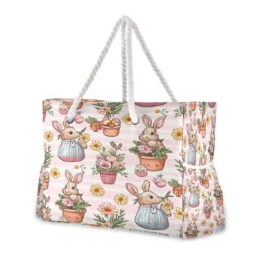 Imagem de Wassud Bolsa de praia para mulheres, coelhinho e cesta, bolsa de praia grande, impermeável, à prova de areia, bolsa de viagem com zíper e bolso para piscina, academia, acampamento