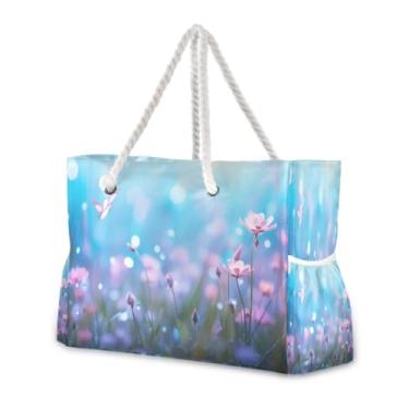 Imagem de Wassud Bolsa de praia lindas flores de primavera grandes bolsas de praia para mulheres, à prova d'água, à prova de areia, bolsa de viagem com zíper e bolso, piscina, academia, acampamento, bolsa