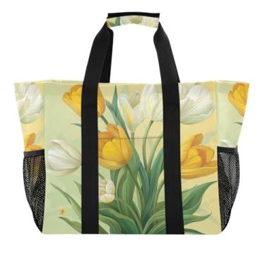 Imagem de Wassud Sacolas de compras reutilizáveis de tulipas amarelas grande bolsa organizadora de lona impermeável para praia, piquenique, lavanderia, viagem