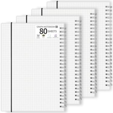 Imagem de PUREZON Pacote com 4 cadernos de papel milimetrado, caderno espiral A5, 14,5 x 20,8 cm, 80 folhas/160 páginas, papel grosso com capa de plástico, caderno de grade de capa dura para escritório, escrita