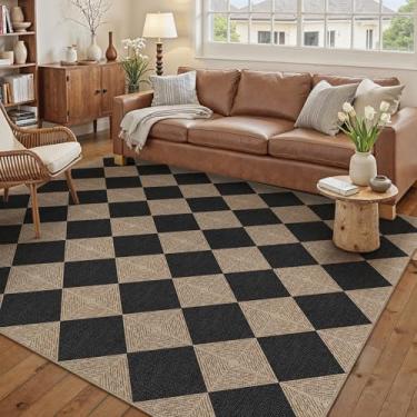 Imagem de PureCozy Tapete quadriculado de juta fácil 12 x 17 cm para sala de estar, tapete de damas lavável, interior e exterior, casa de fazenda, pátio, escritório, texturizado, diamante, antiderrapante