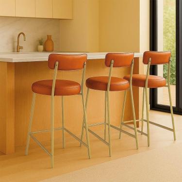 Imagem de Banqueta Cozinha Alta Com Encosto Industrial Champanhe Kit 3 Londres Pu Whisky D03 - D`rossi